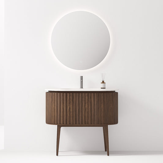 Mobile Bagno 100 cm A Terra Rovere Scuro Specchio Tondo Retroilluminato - Reid