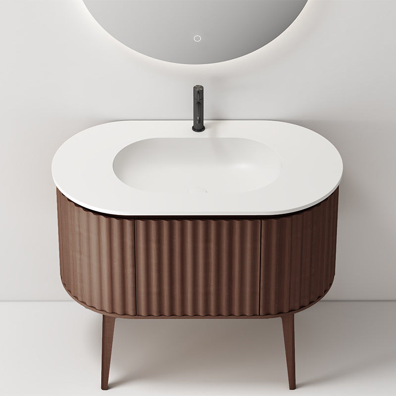 Mobile Bagno 100 cm A Terra Rovere Scuro Specchio Tondo Retroilluminato - Reid