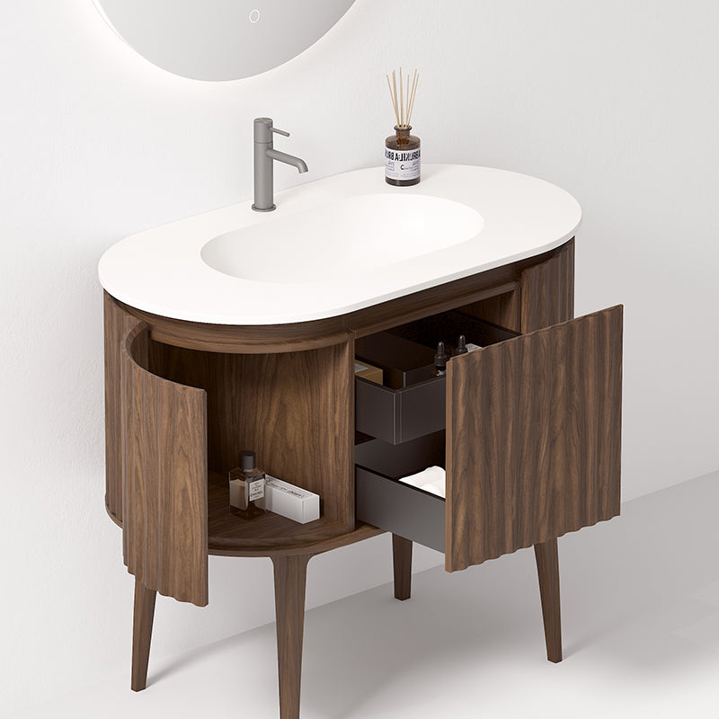 Mobile Bagno 100 cm A Terra Rovere Scuro Specchio Tondo Retroilluminato - Reid