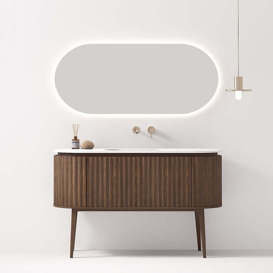 Mobile Bagno 140 cm A Terra Rovere Scuro Specchio Ovale Retroilluminato - Reid