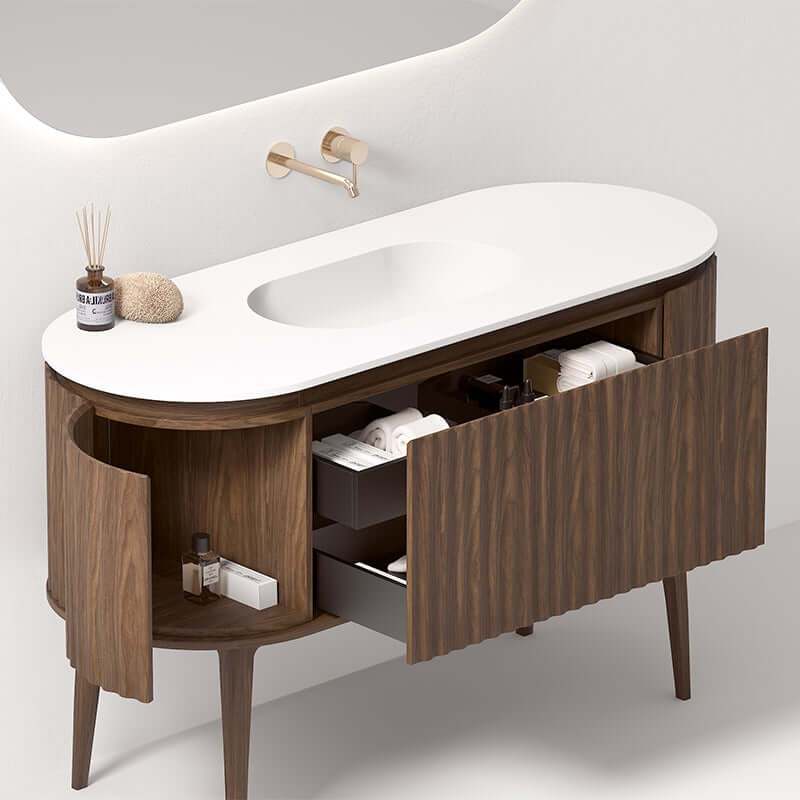 Mobile Bagno 140 cm A Terra Rovere Scuro Specchio Ovale Retroilluminato - Reid