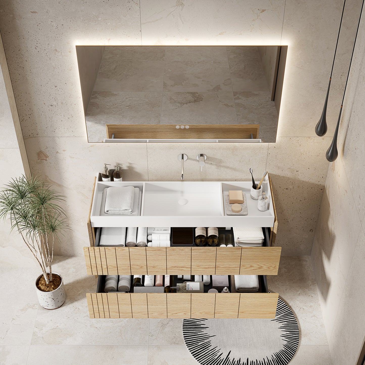 Mobile Bagno 120 cm Sospeso Rovere Chiaro Specchio Retroilluminato - Roshi