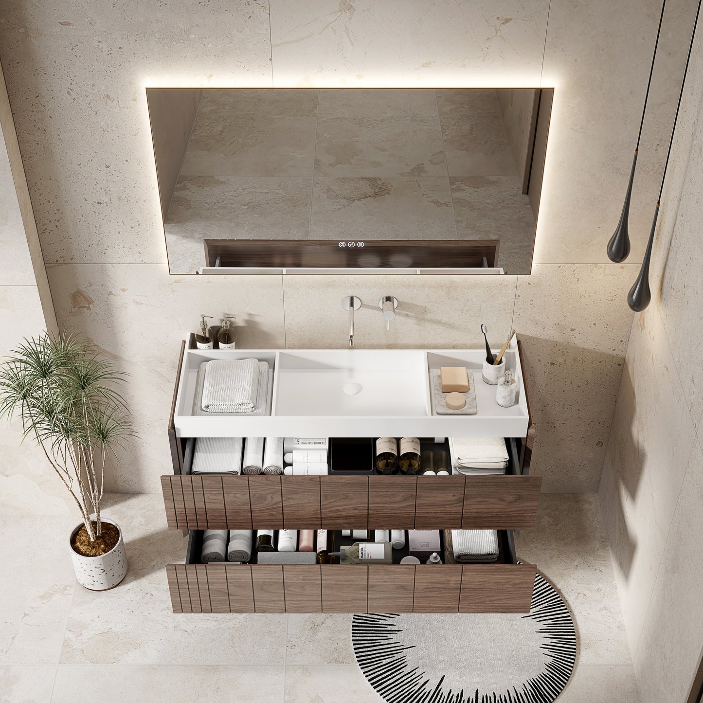 Mobile Bagno 120 cm Sospeso Rovere Scuro Specchio Retroilluminato - Roshi