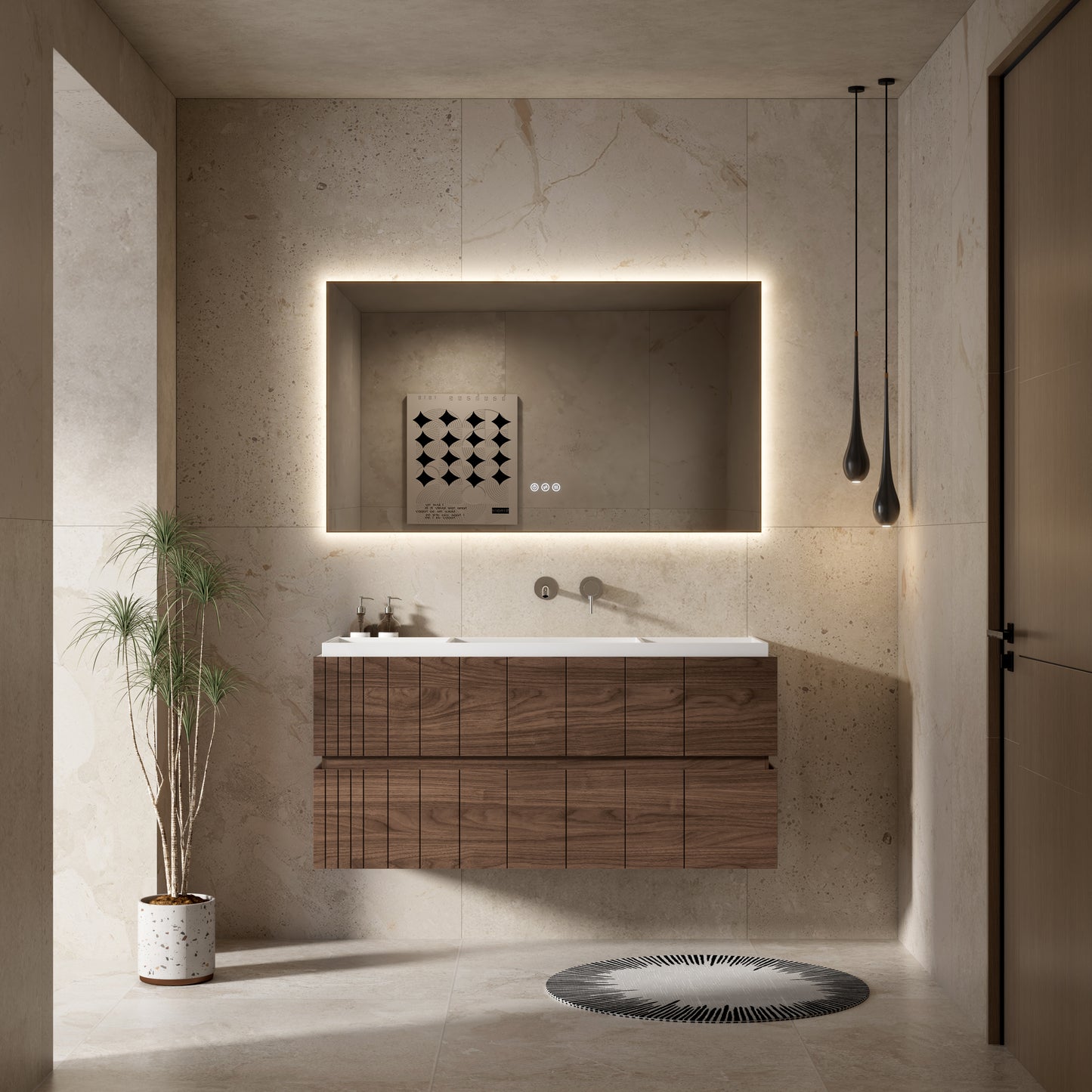 Mobile Bagno 120 cm Sospeso Rovere Scuro Specchio Retroilluminato - Roshi