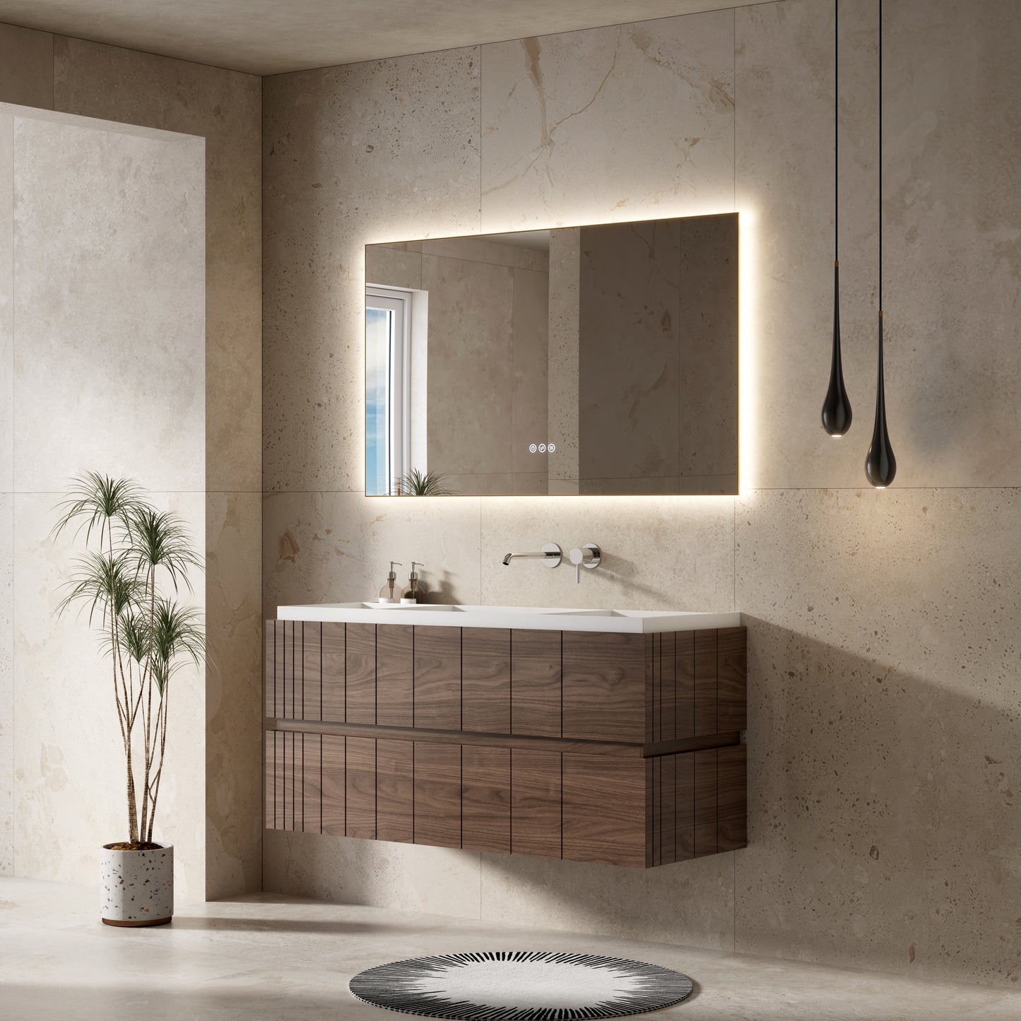 Mobile Bagno 120 cm Sospeso Rovere Scuro Specchio Retroilluminato - Roshi