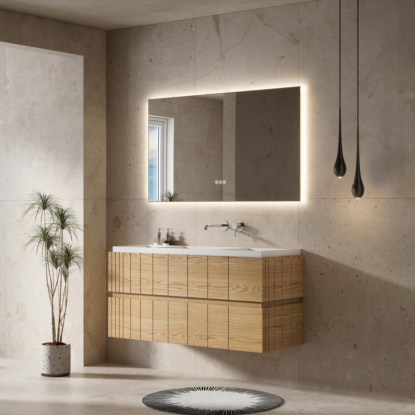 Mobile Bagno 120 cm Sospeso Rovere Chiaro Specchio Retroilluminato - Roshi