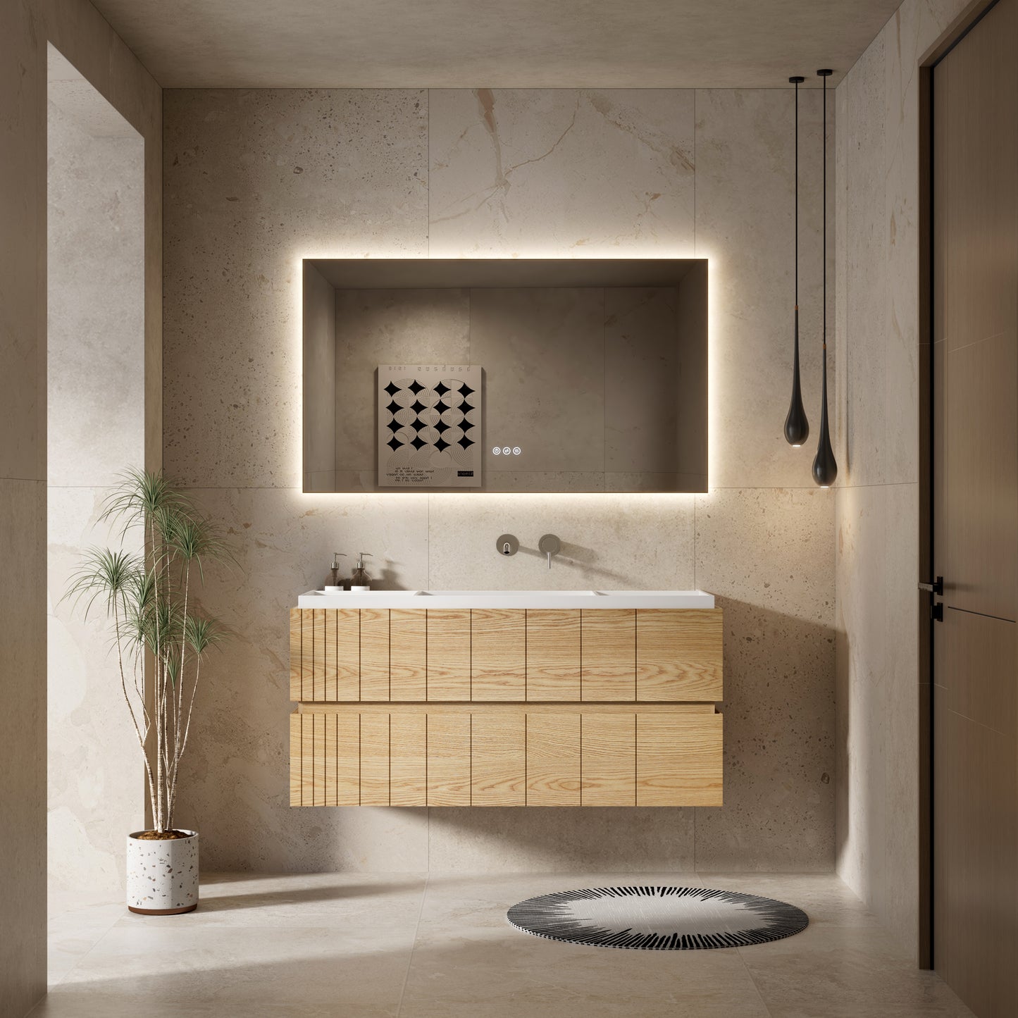 Mobile Bagno 120 cm Sospeso Rovere Chiaro Specchio Retroilluminato - Roshi