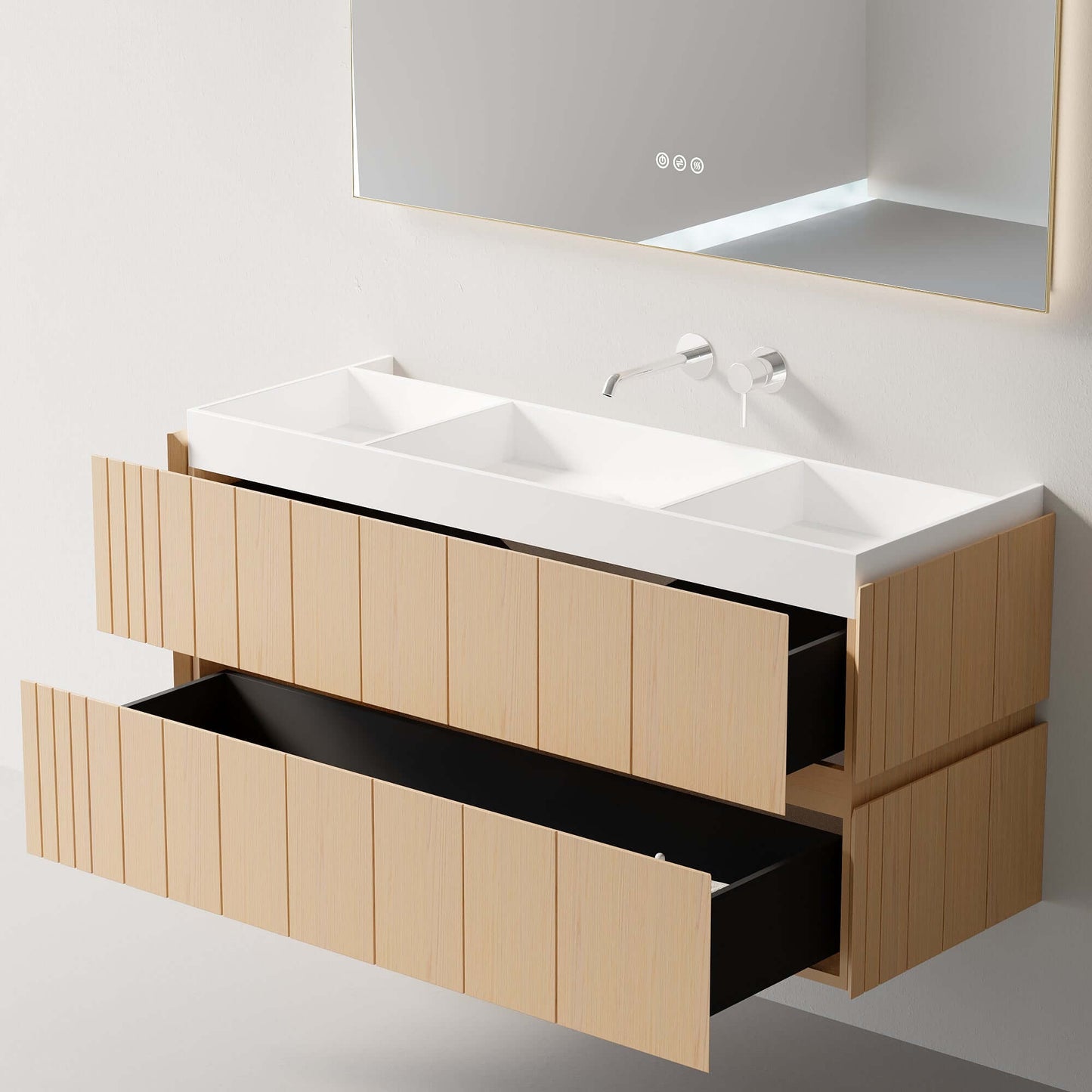 Mobile Bagno 120 cm Sospeso Rovere Chiaro Specchio Retroilluminato - Roshi
