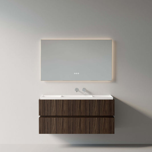 Mobile Bagno 120 cm Sospeso Rovere Scuro Specchio Retroilluminato - Roshi
