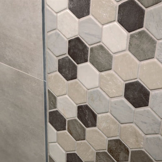 Mosaico in Gres Porcellanato Effetto Pietra Rettificato Naturale 23.5x29.7 8.5mm Esagoni Mix Make - Gardenia Orchidea