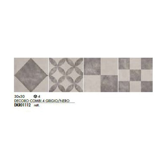 Gres Porcellanato Effetto Cemento Rettificato Naturale 30x30 8.5mm Decoro Combi Grigio/Nero Docks - ABK