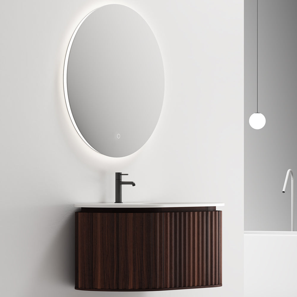 Mobile Bagno 100 cm Sospeso Noce Scuro Specchio Tondo Retroilluminato - Reid