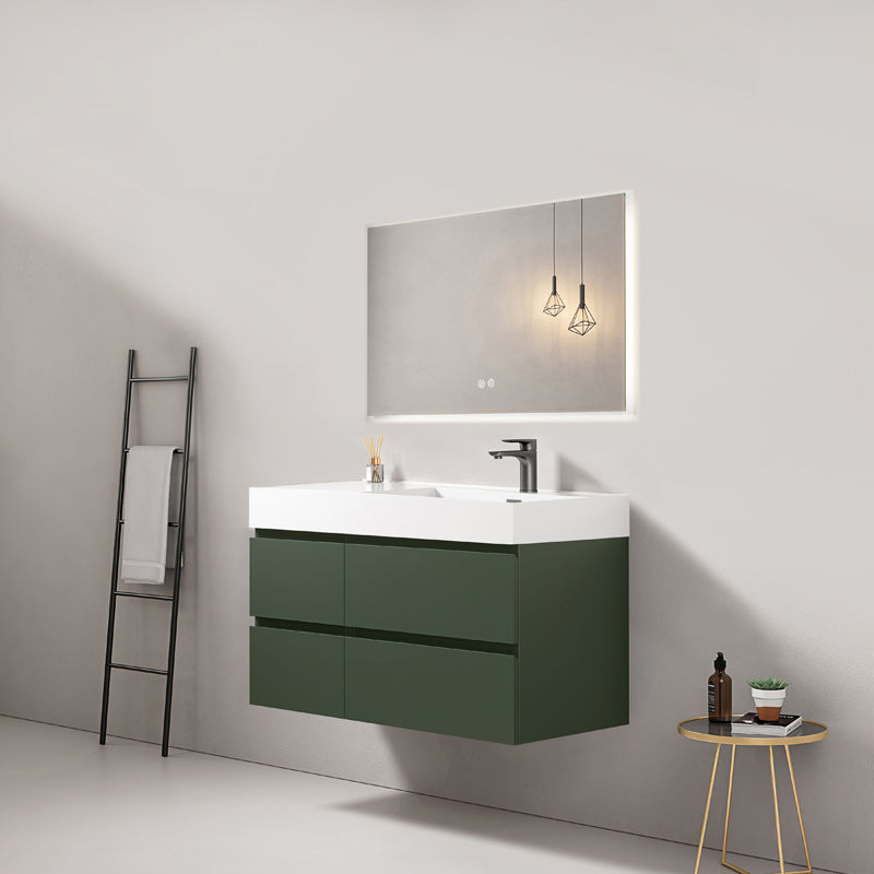 Mobile bagno sospeso 100 cm Verde Comodoro Lavabo a Destra in Resina Specchio Quadro Retroilluminato - Fiji Paint