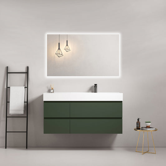 Mobile bagno sospeso 120 cm Verde Comodoro Lavabo a Destra in Resina Specchio Quadro Retroilluminato - Fiji Paint