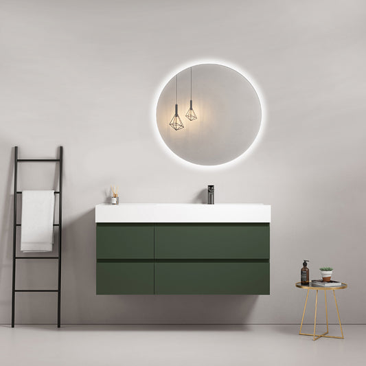 Mobile bagno sospeso 120 cm Verde Comodoro Lavabo a Destra in Resina Specchio Tondo Retroilluminato - Fiji Paint