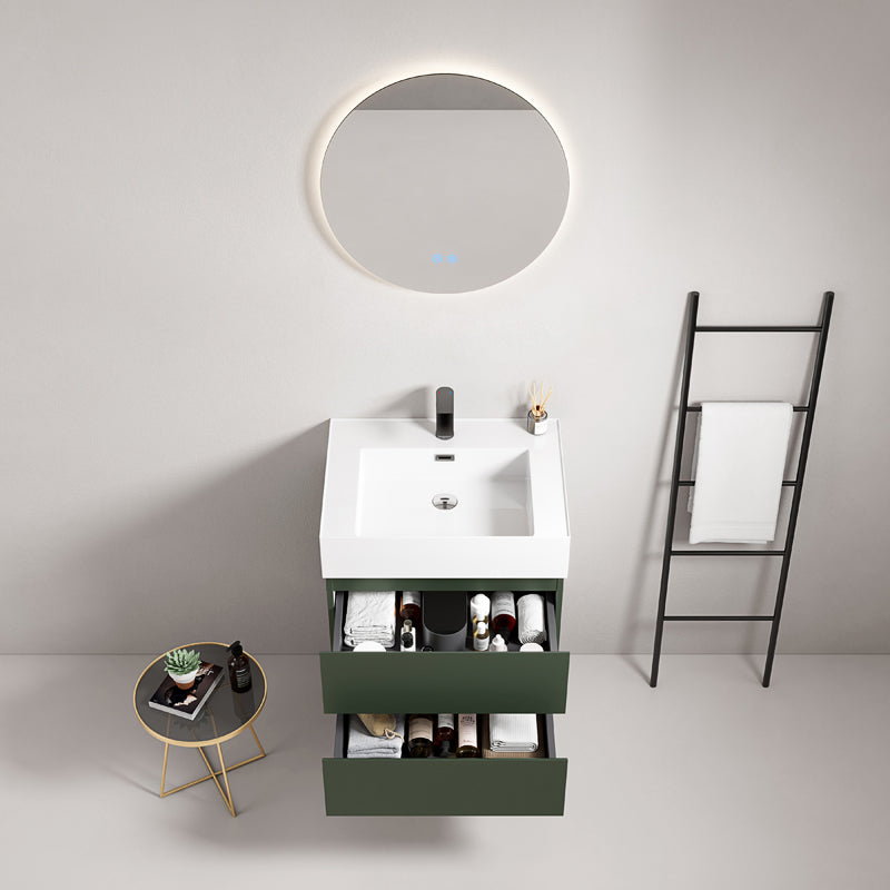 60cm suspended bathroom cabinet Green Comodoro Resin sink Round backlit mirror - Fiji Paint