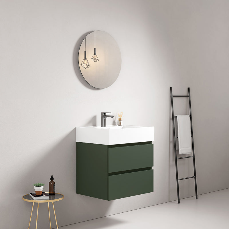 60cm suspended bathroom cabinet Green Comodoro Resin sink Round mirror - Fiji Paint
