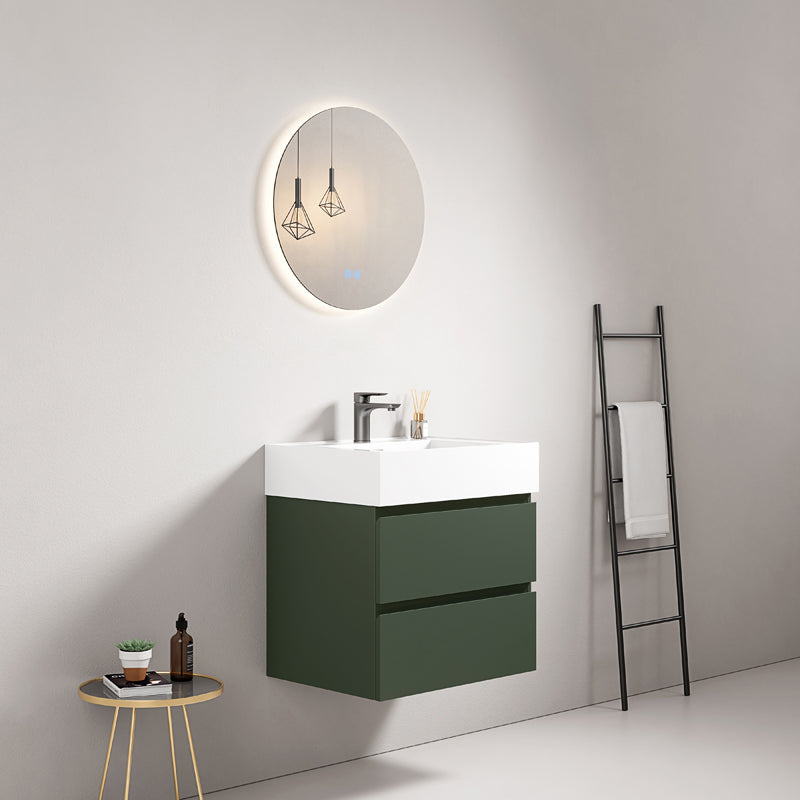 60cm suspended bathroom cabinet Green Comodoro Resin sink Round backlit mirror - Fiji Paint