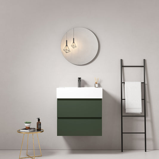 60cm suspended bathroom cabinet Green Comodoro Resin sink Round mirror - Fiji Paint