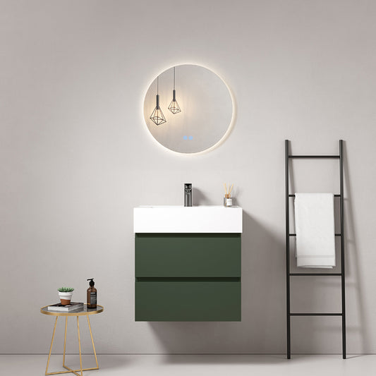 60cm suspended bathroom cabinet Green Comodoro Resin sink Round backlit mirror - Fiji Paint