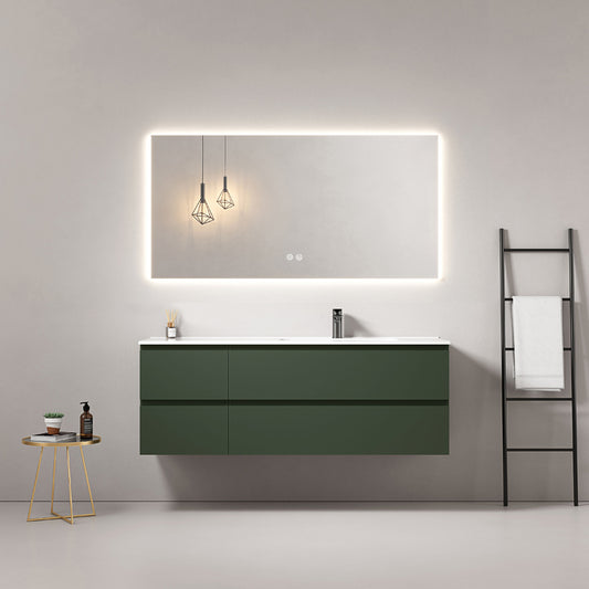 Mobile bagno sospeso 140 cm Verde Comodoro Lavabo a Destra in Resina Specchio Quadro Retroilluminato - Fiji Paint