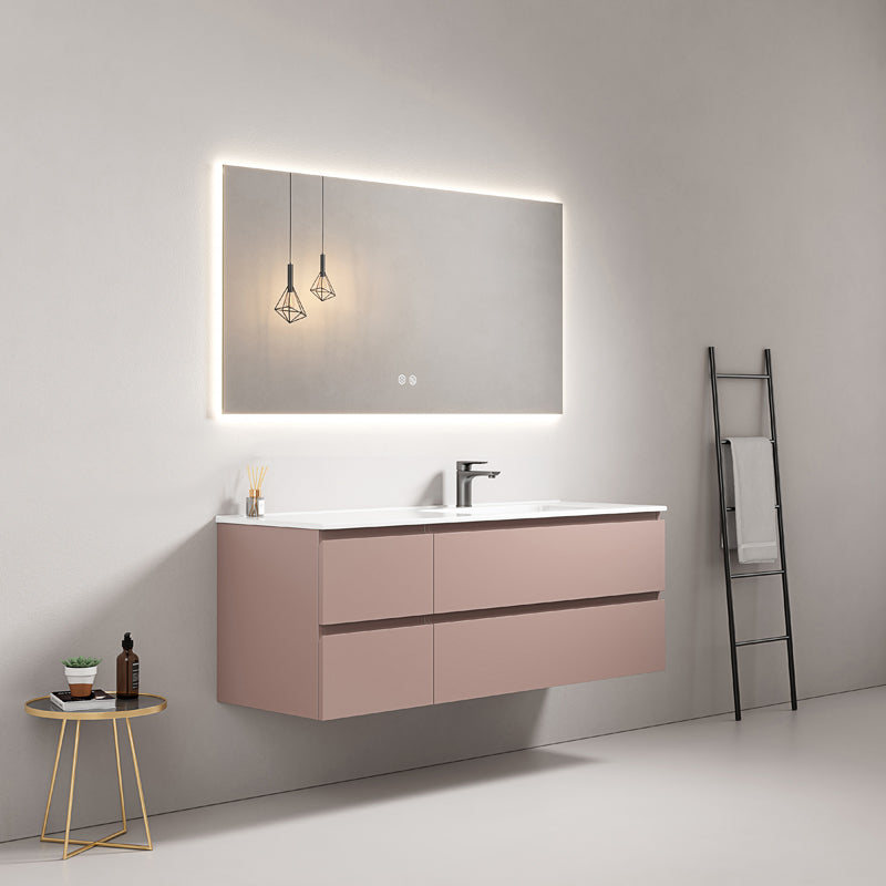 Mobile bagno sospeso 140 cm Rosa Retro Lavabo a Destra in Resina Specchio Quadro Retroilluminato - Fiji Paint