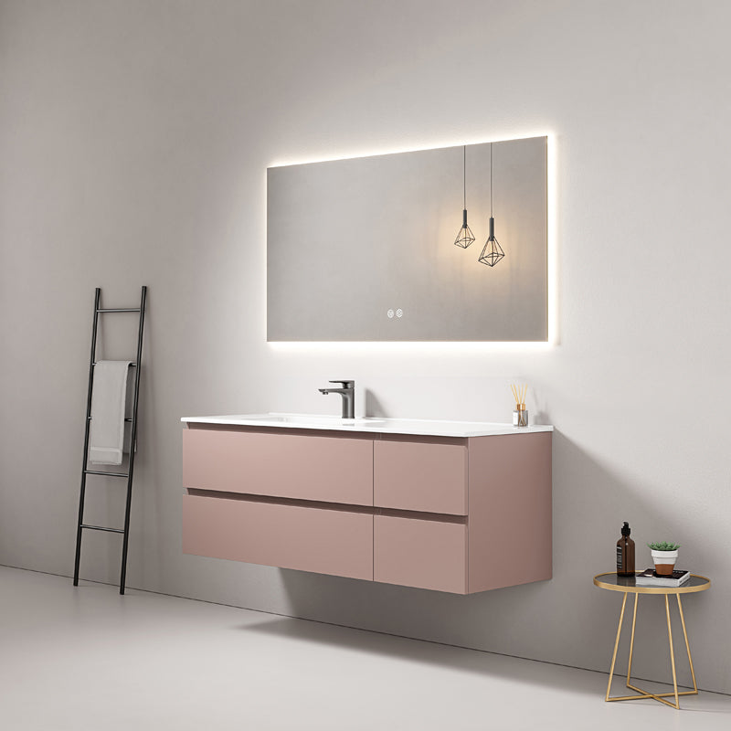 Mobile bagno sospeso 140 cm Rosa Retro Lavabo a Sinistra in Resina Specchio Quadro Retroilluminato - Fiji Paint