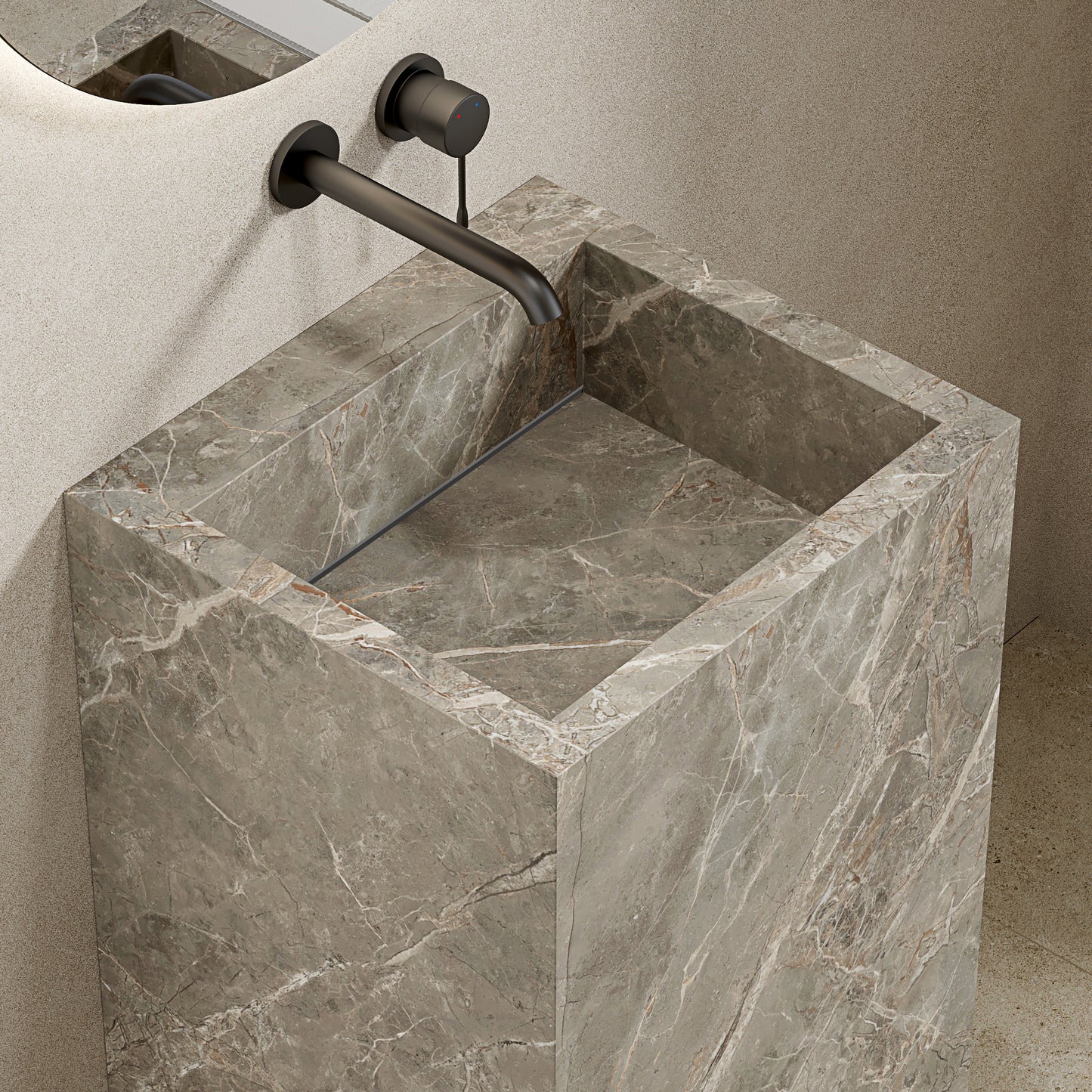 Lavabo Freestanding in Gres Lucido Etoile Grigio 60 cm Specchio Tondo Retroilluminato - Pedestal
