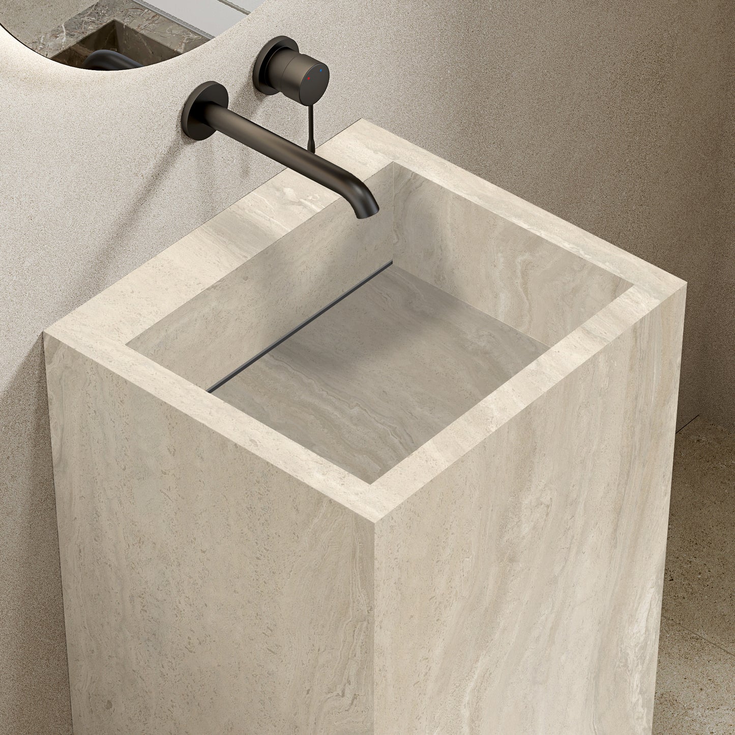 Lavabo Freestanding in Gres Lucido Travertino 60 cm Specchio Tondo Retroilluminato - Pedestal