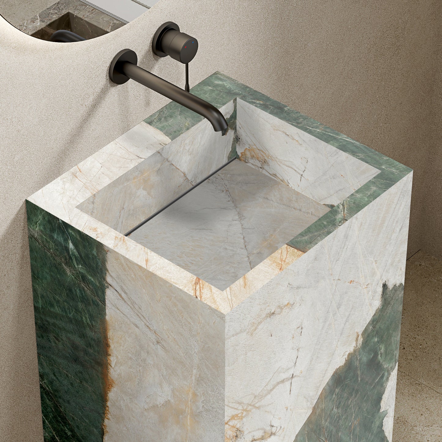 Lavabo Freestanding in Gres Lucido Heritage Aqua 60 cm Specchio Tondo Retroilluminato - Pedestal