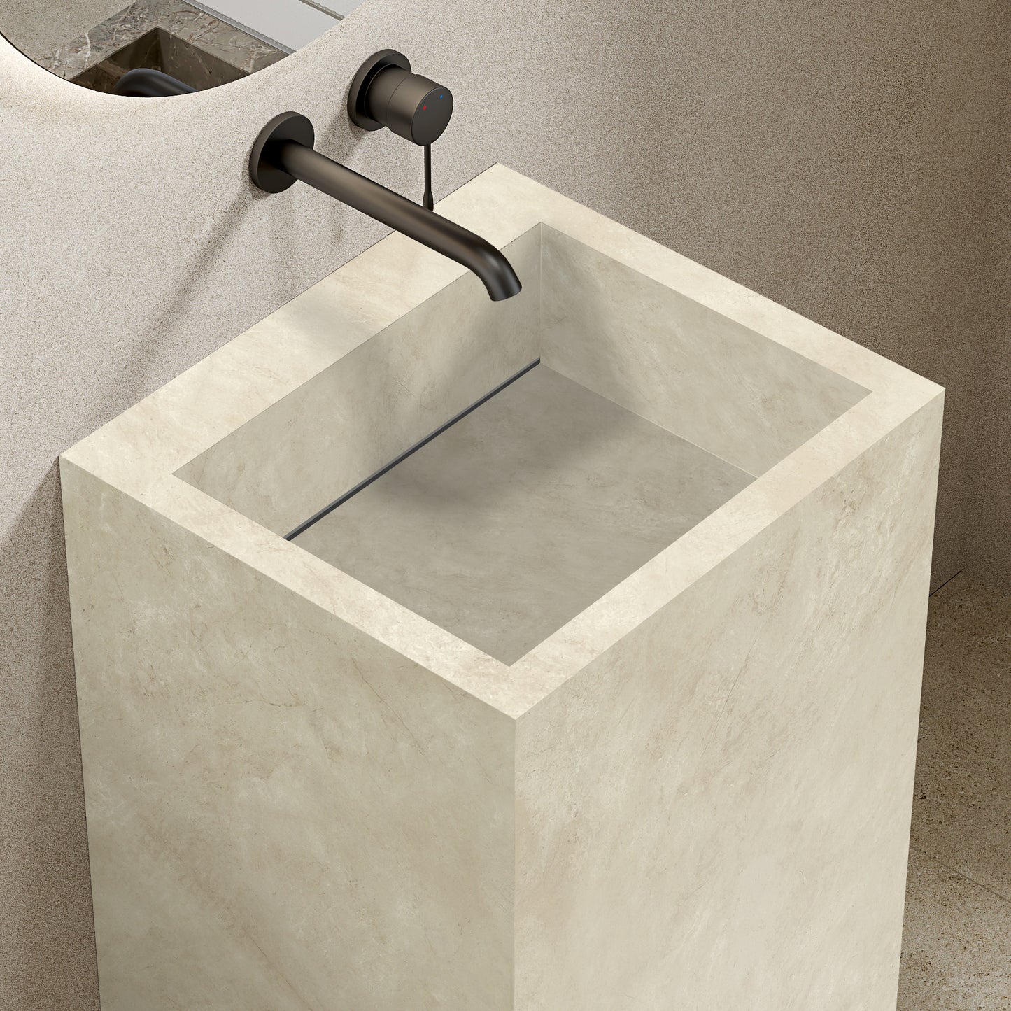 Lavabo Freestanding in Gres Lucido Crema Marfil 60 cm Specchio Tondo Retroilluminato - Pedestal