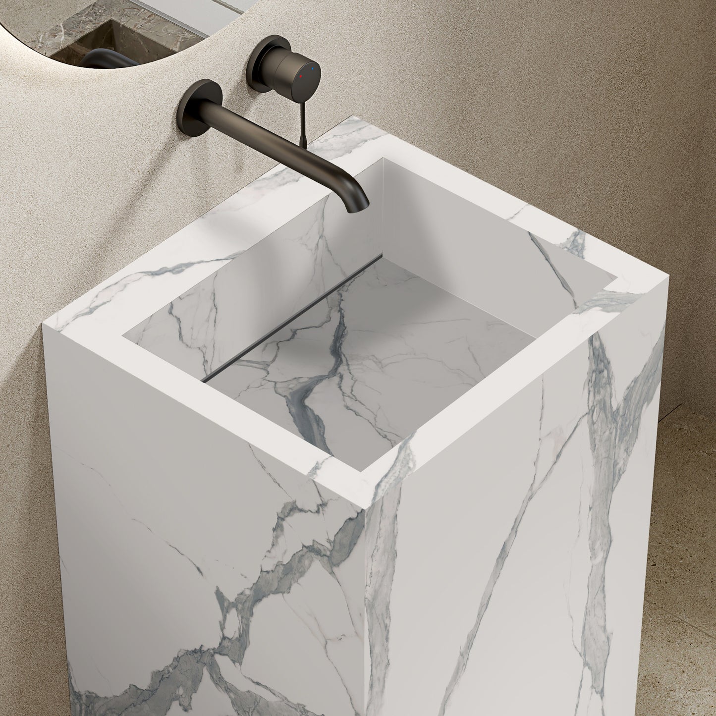 Lavabo Freestanding in Gres Opaco Carrara 60 cm Specchio Tondo Retroilluminato - Pedestal