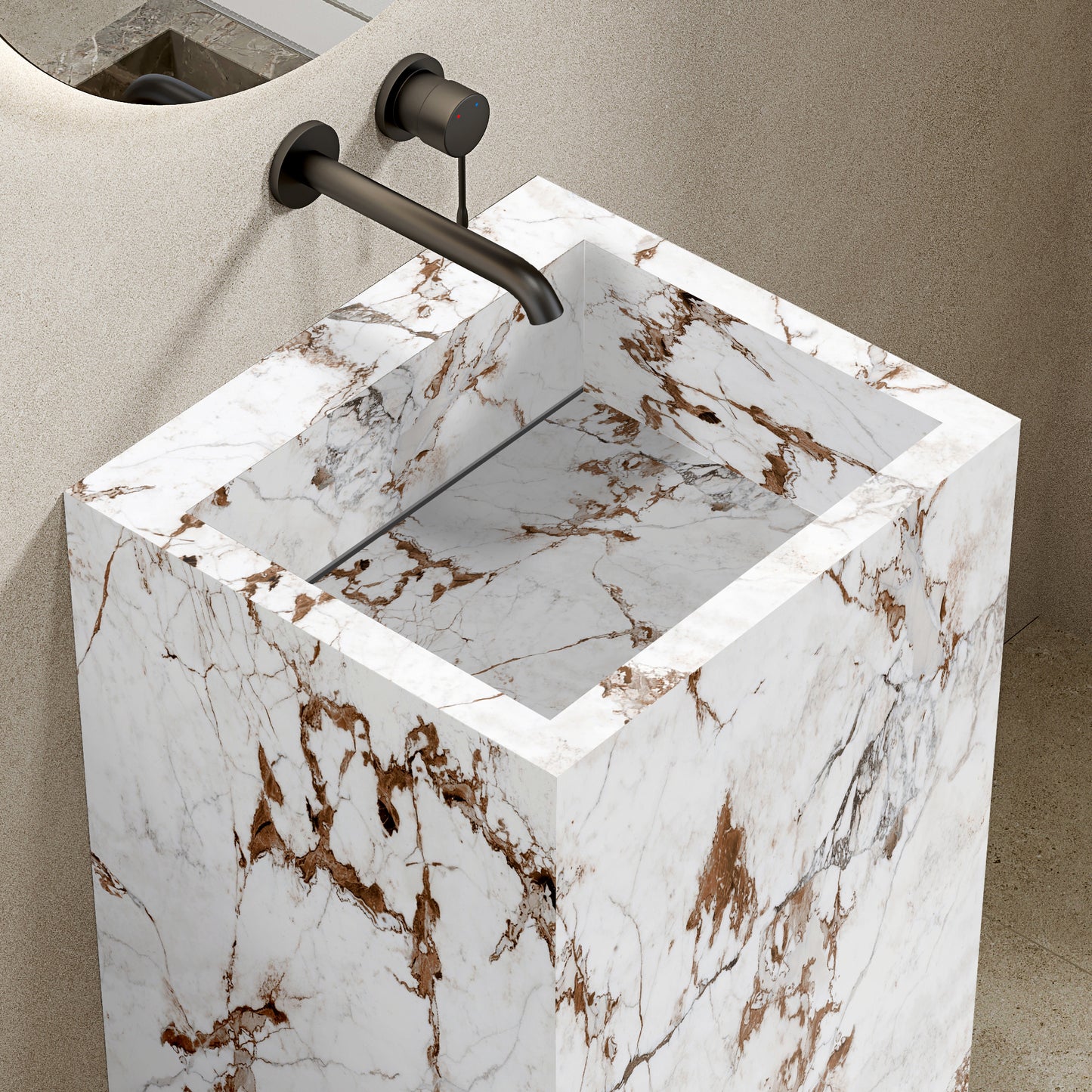Lavabo Freestanding in Gres Lucido Capraia 60 cm Specchio Tondo Retroilluminato - Pedestal