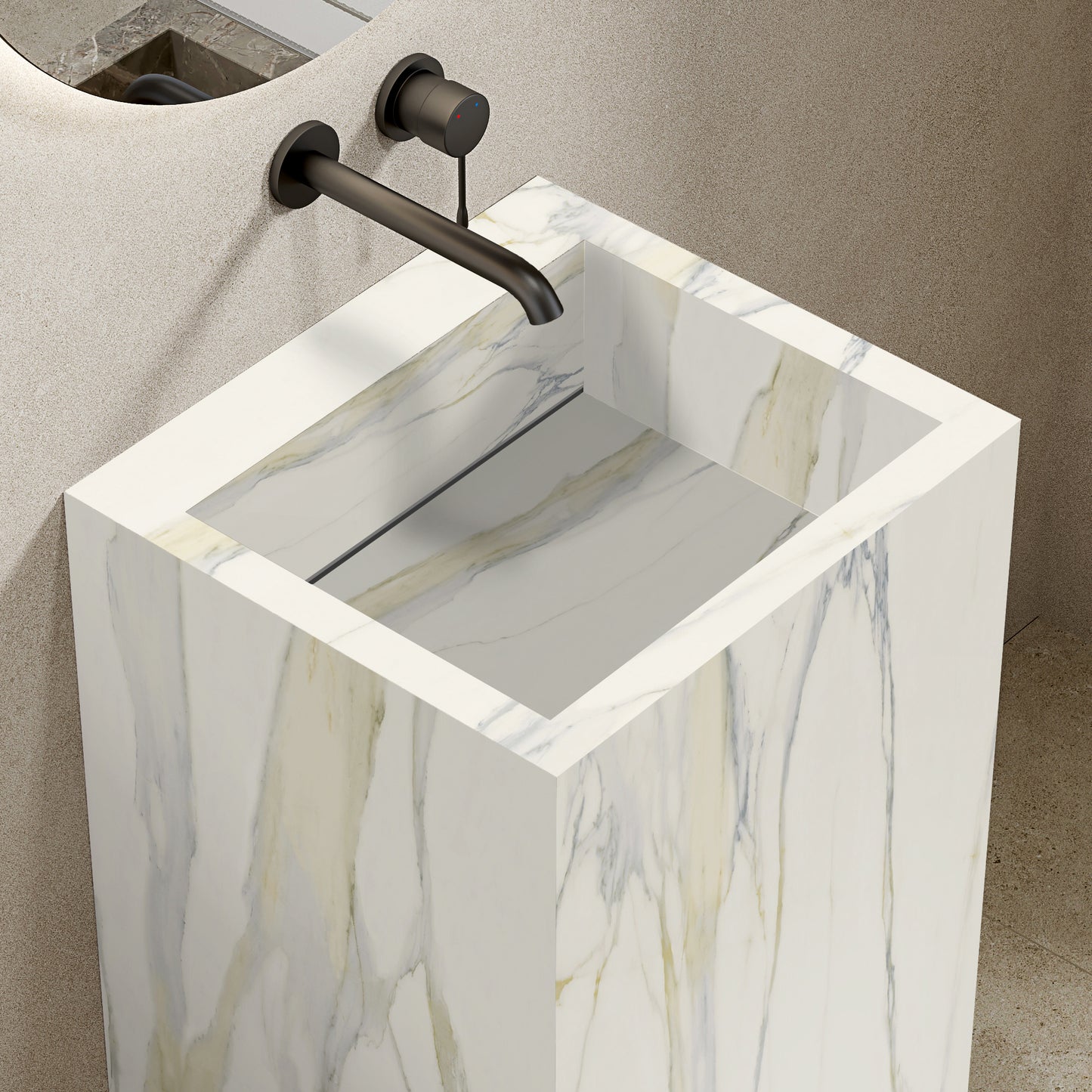 Lavabo Freestanding in Gres Lucido Calacatta 60 cm Specchio Tondo Retroilluminato - Pedestal