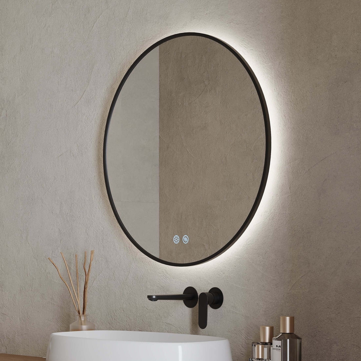 Specchio Tondo Retroilluminato Anti appannamento 80 cm Profilo Nero - Fiji