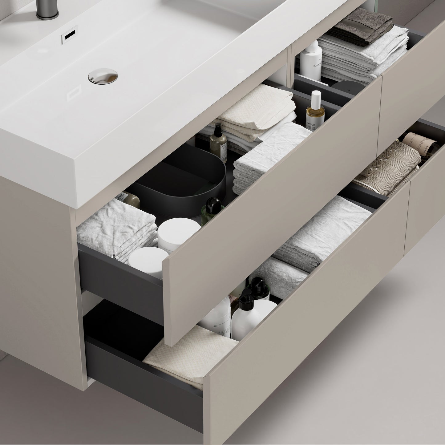 Mobile bagno sospeso 140 cm Grigio Cenere Lavabo a Sinistra in Resina Specchio Quadro Retroilluminato - Fiji Paint