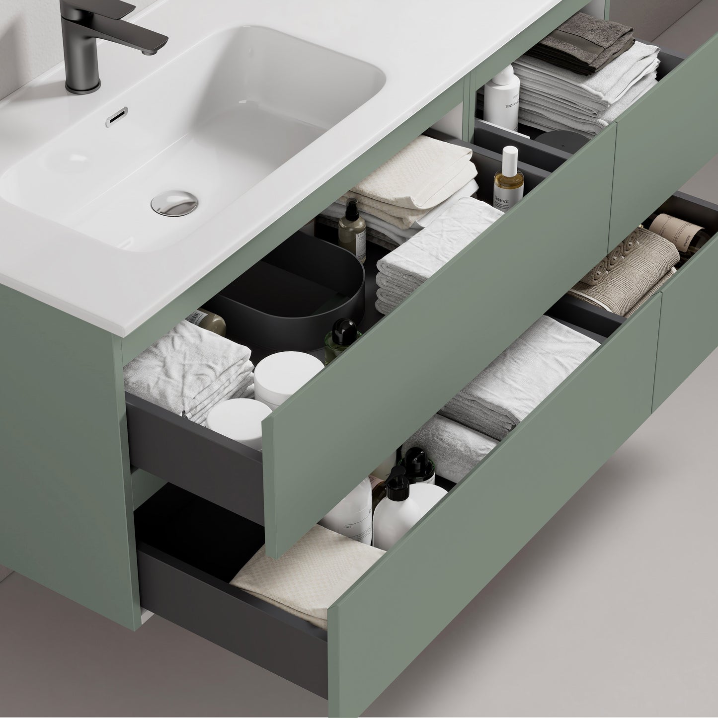 Mobile bagno sospeso 120 cm Verde Salvia Lavabo a Sinistra in Ceramica Specchio Quadro Retroilluminato - Fiji Paint