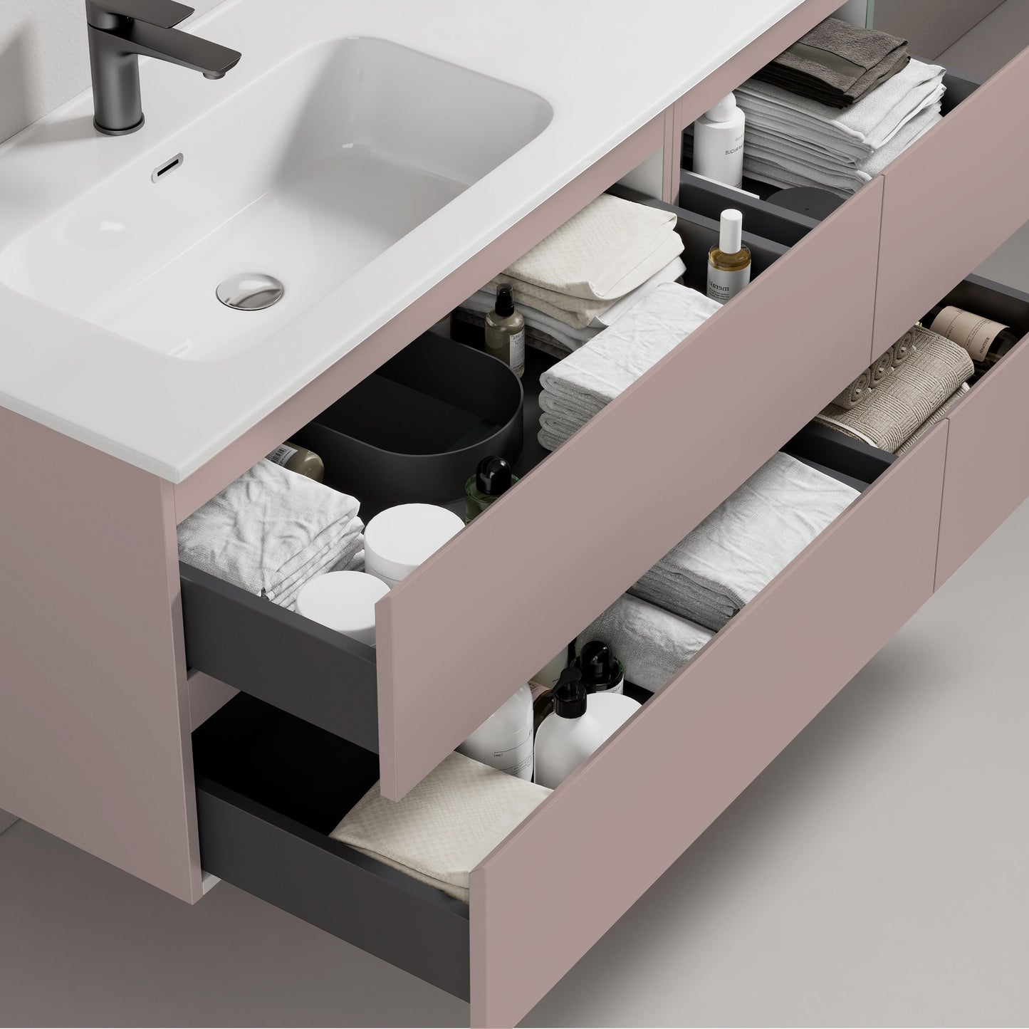 Mobile bagno sospeso 120 cm Rosa Retro Lavabo a Sinistra in Ceramica Specchio Tondo Retroilluminato - Fiji Paint