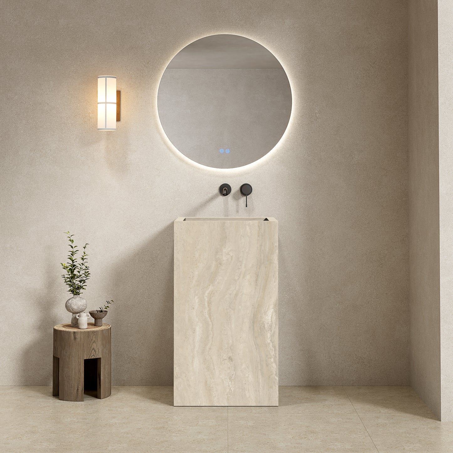 Lavabo Freestanding in Gres Lucido Travertino 60 cm Specchio Tondo Retroilluminato - Pedestal