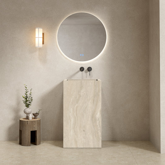 Lavabo Freestanding in Gres Opaco Travertino 60 cm Specchio Tondo Retroilluminato - Pedestal