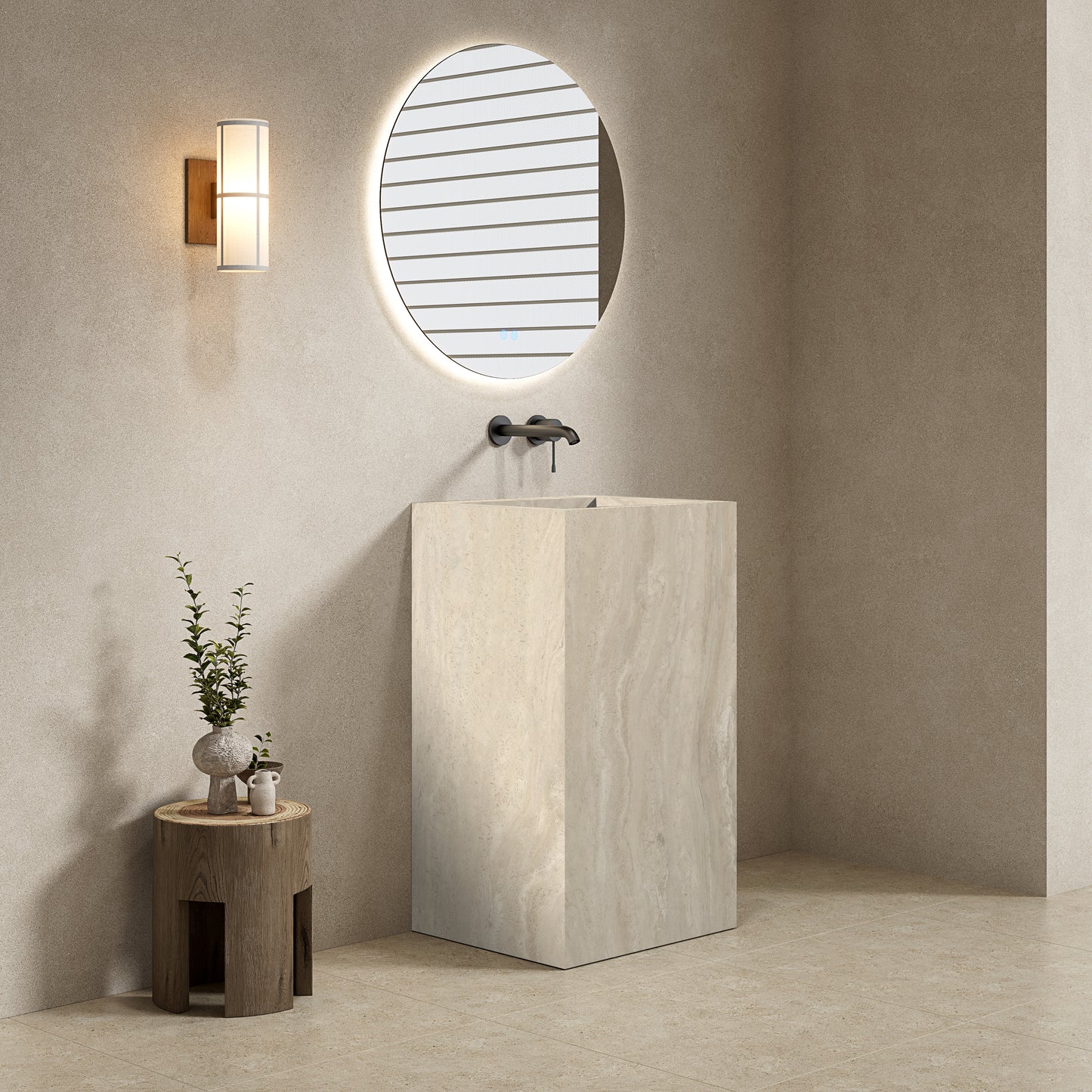 Lavabo Freestanding in Gres Lucido Travertino 60 cm Specchio Tondo Retroilluminato - Pedestal