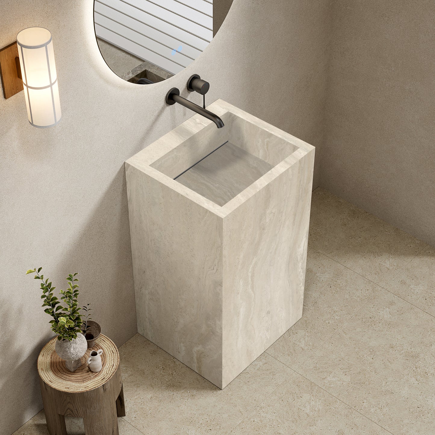 Lavabo Freestanding in Gres Lucido Travertino 60 cm Specchio Tondo Retroilluminato - Pedestal