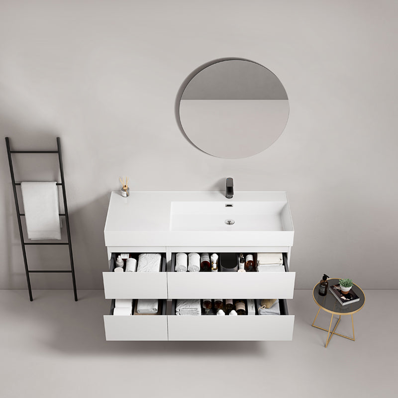 Mobile bagno sospeso 120 cm Bianco Lavabo a Destra in Resina Specchio Tondo - Fiji Paint