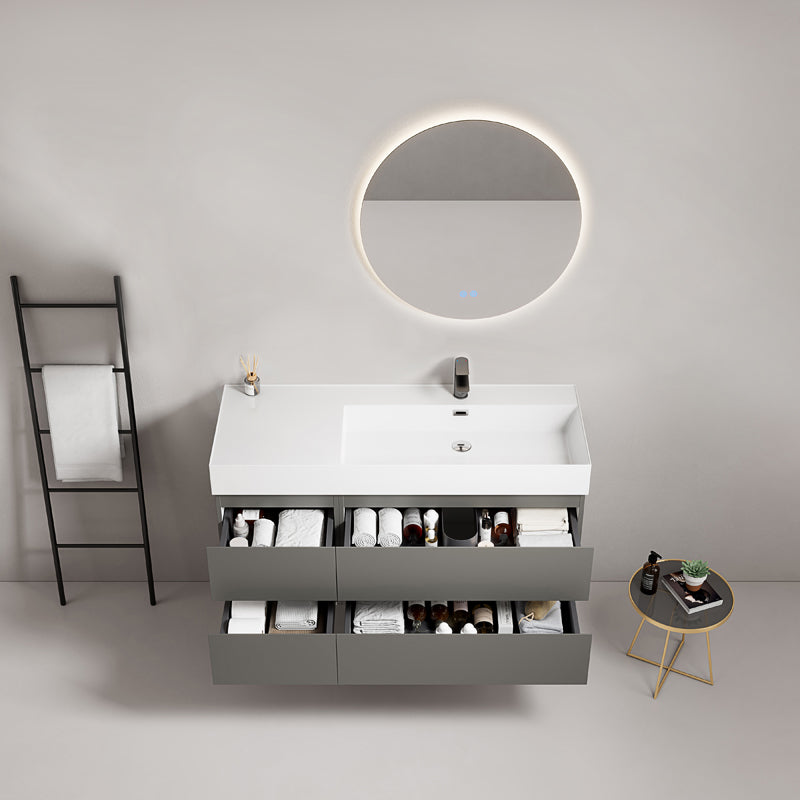 Mobile bagno sospeso 120 cm Grigio Londra Lavabo a Destra in Resina Specchio Tondo Retroilluminato - Fiji Paint