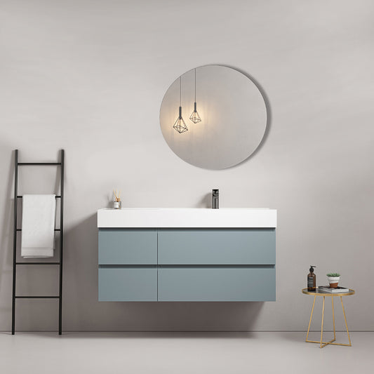 Mobile bagno sospeso 120 cm Blu Avio Lavabo a Destra in Resina Specchio Tondo - Fiji Paint