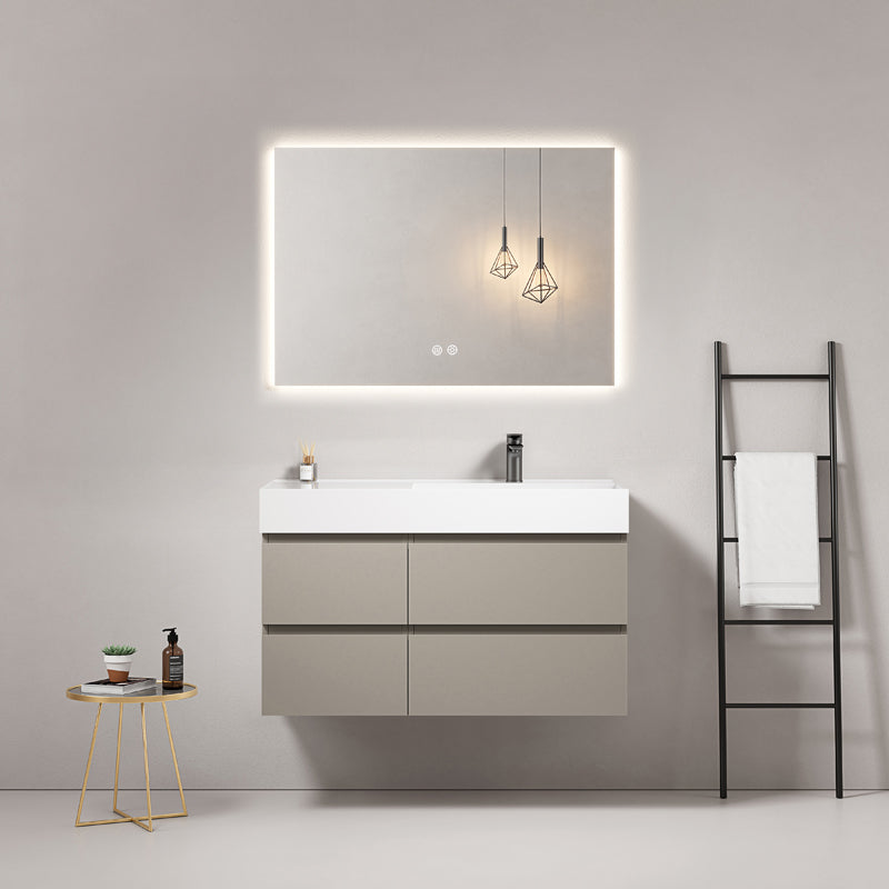 Mobile bagno sospeso 100 cm Grigio Cenere Lavabo a Destra in Resina Specchio Quadro Retroilluminato - Fiji Paint