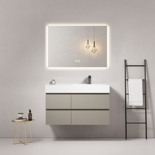 Mobile bagno sospeso 100 cm Grigio Cenere Lavabo a Destra in Resina Specchio Quadro Retroilluminato - Fiji Paint