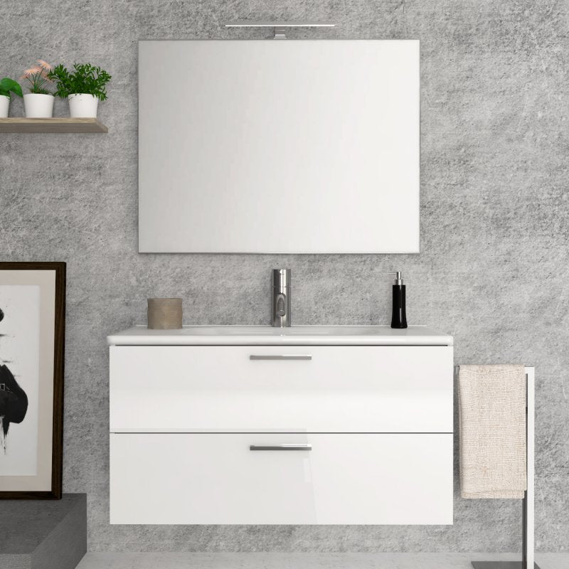 Mobile Bagno Sospeso 100 cm Bianco Lucido con Specchio con Lampada Led Alice - Savini