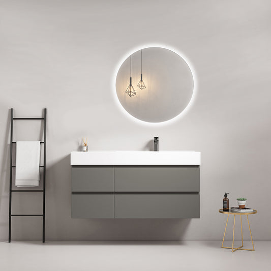Mobile bagno sospeso 120 cm Grigio Londra Lavabo a Destra in Resina Specchio Tondo Retroilluminato - Fiji Paint