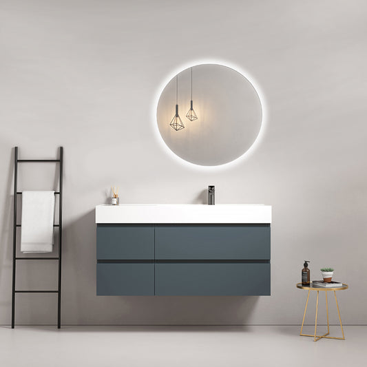 Mobile bagno sospeso 120 cm Blu Mare Lavabo a Destra in Resina Specchio Tondo Retroilluminato - Fiji Paint